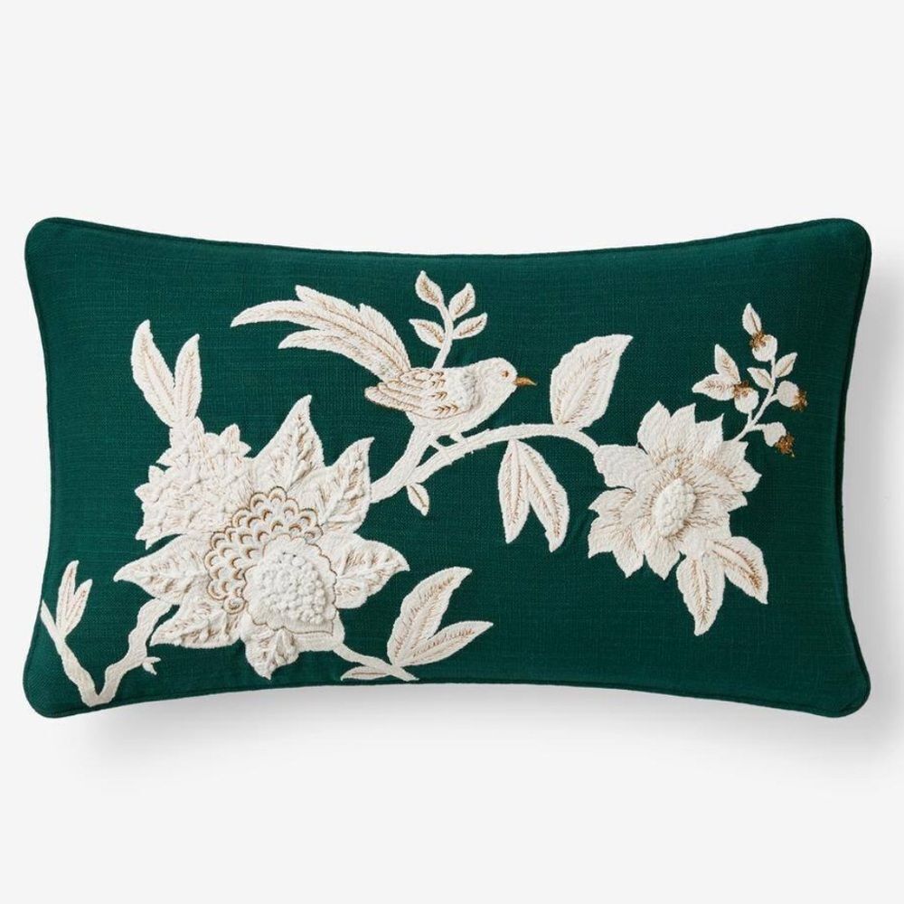 Company Store Legends Luxury Embroidered 
Holiday Bird Green Lumbar Pillow 12x21
